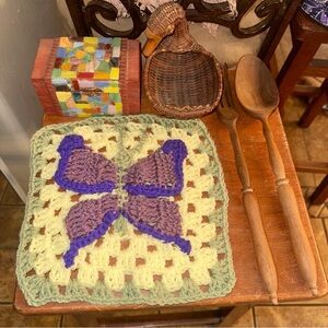 Vintage Bundle , wicker duck, utensil set, crochet butterfly, jewelry box